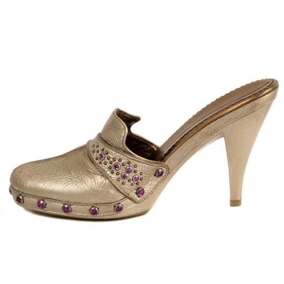 COLE HAAN G Series Metallic Pewter Leather Jeweled Accent Mule Heels - Picture 2 of 8